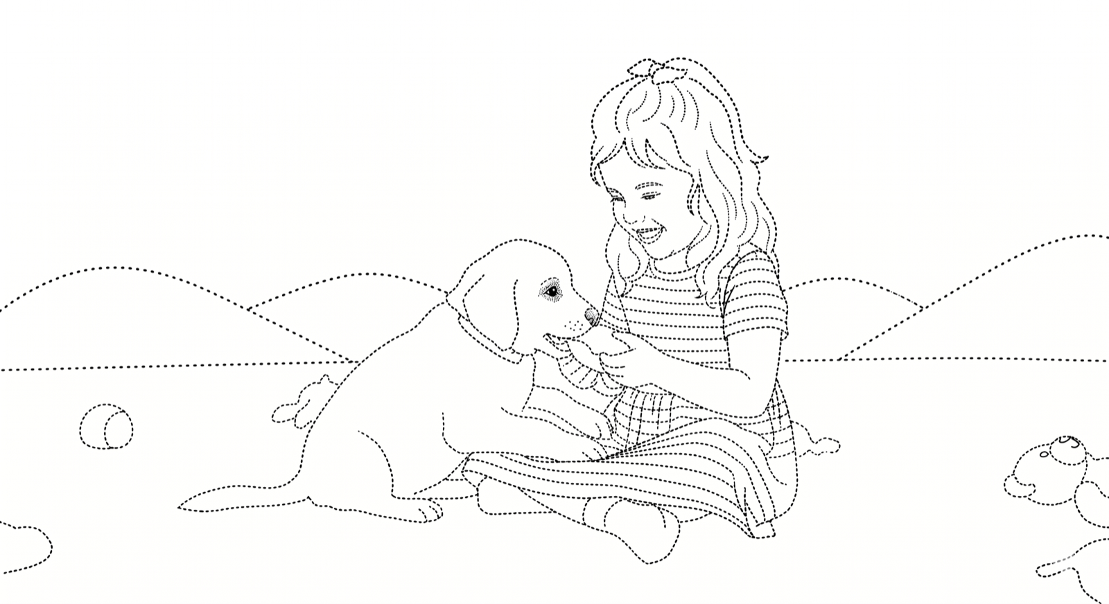 The same photo redrawn as a dotted line-art tracing page