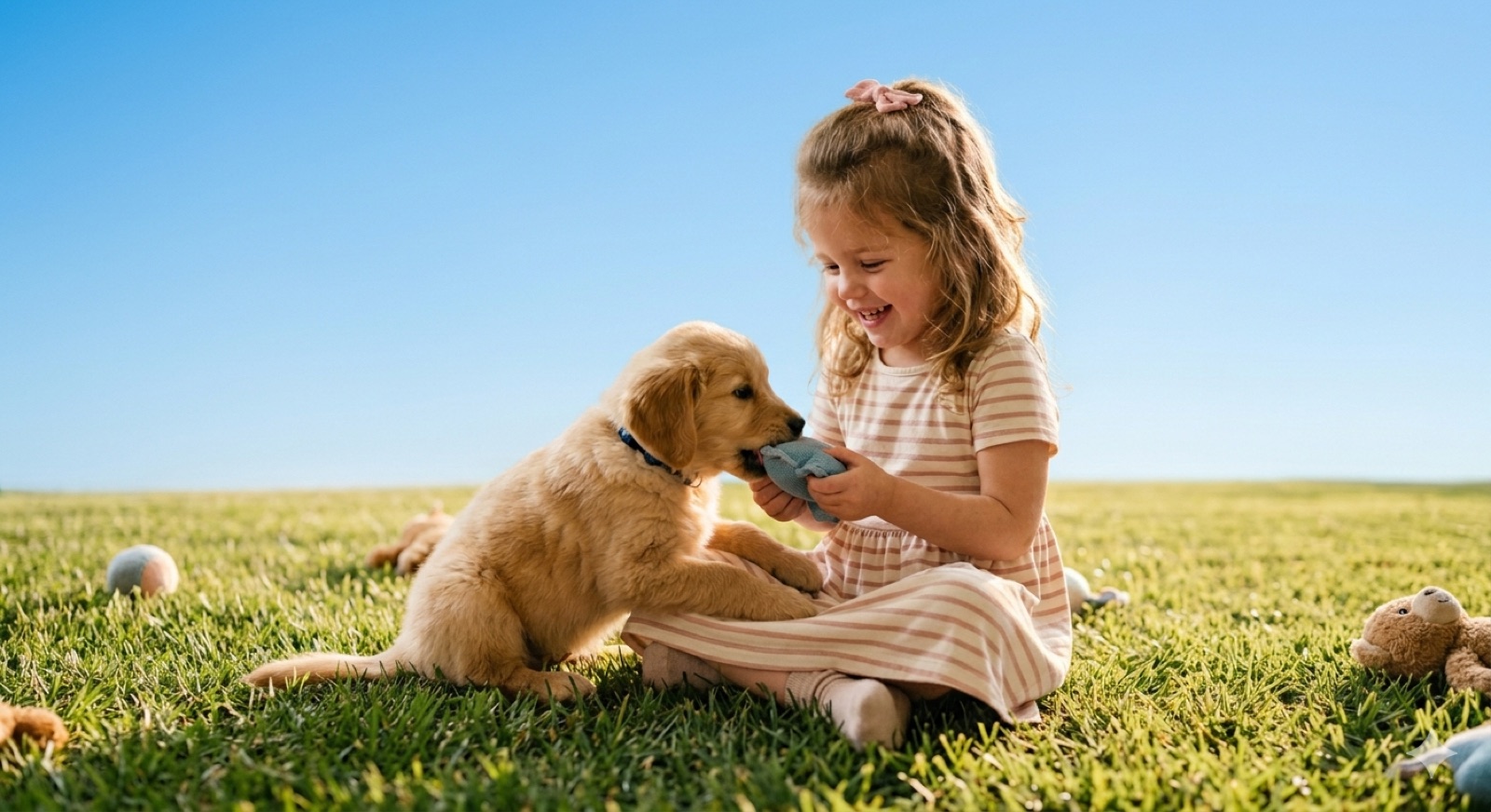 A family photo: a child playing with a puppy on the grass
